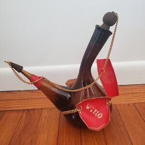 Vintage Wine Decanter Amber Glass w Wooden Stopper Leather Gold Metal Details